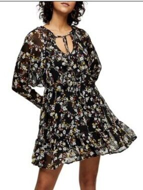 Fate Smocked Waist Dark Floral Dress Babydoll Tiered V-neck Moody Flowy Size S